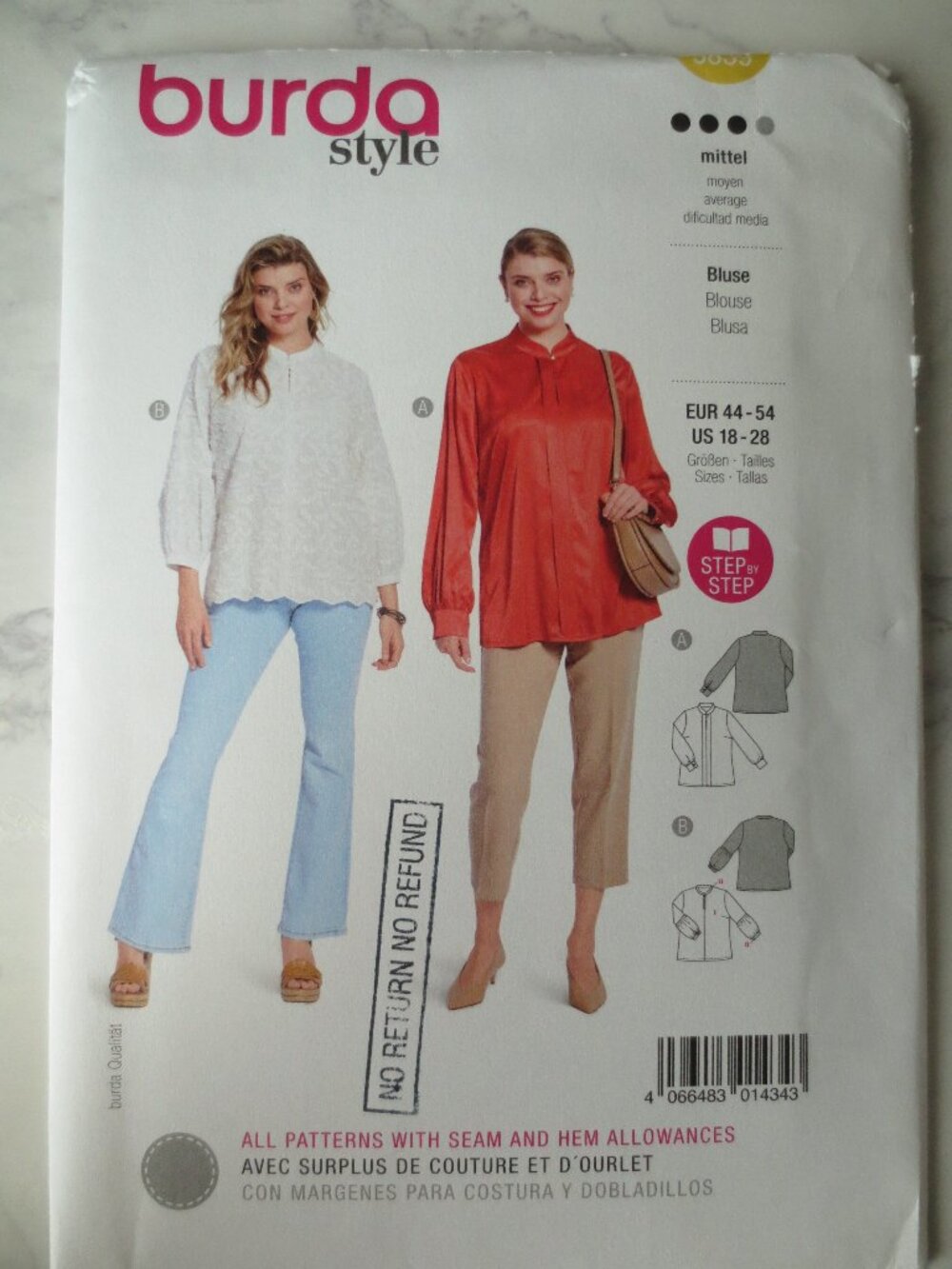 Burda Long Sleeve Blouse Puff Bishop Sleeve Sewing Pattern, New & Uncut, 18 - 28